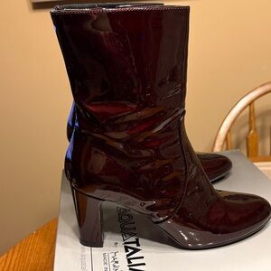 Aquatalia Burgundy Patent Mid-Calf Block Heel Boots